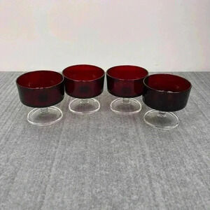 Ruby Red Sherbet Dessert clear stems ‎ glasses France set of 4
